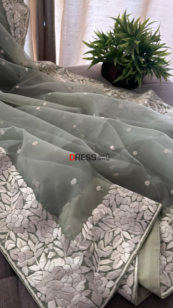 Sage Green Organza Parsi Gara Hand Embroidered Dupatta Parsi Gara Dupatta