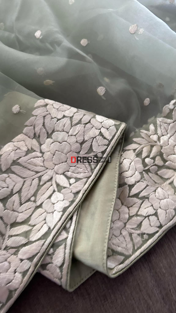 Sage Green Organza Parsi Gara Hand Embroidered Dupatta Parsi Gara Dupatta