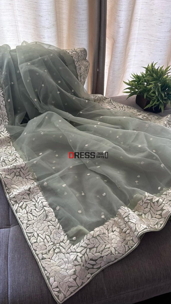 Sage Green Organza Parsi Gara Hand Embroidered Dupatta Parsi Gara Dupatta