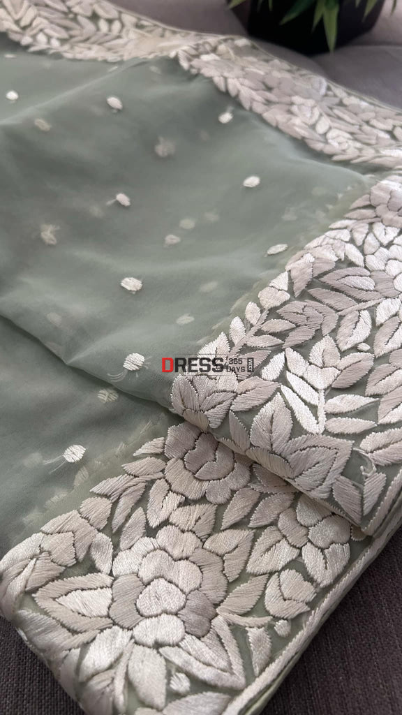 Sage Green Organza Parsi Gara Hand Embroidered Dupatta Parsi Gara Dupatta