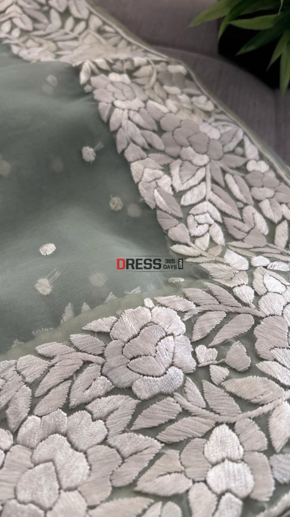 Sage Green Organza Parsi Gara Hand Embroidered Dupatta Parsi Gara Dupatta