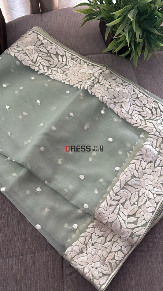 Sage Green Organza Parsi Gara Hand Embroidered Dupatta Parsi Gara Dupatta