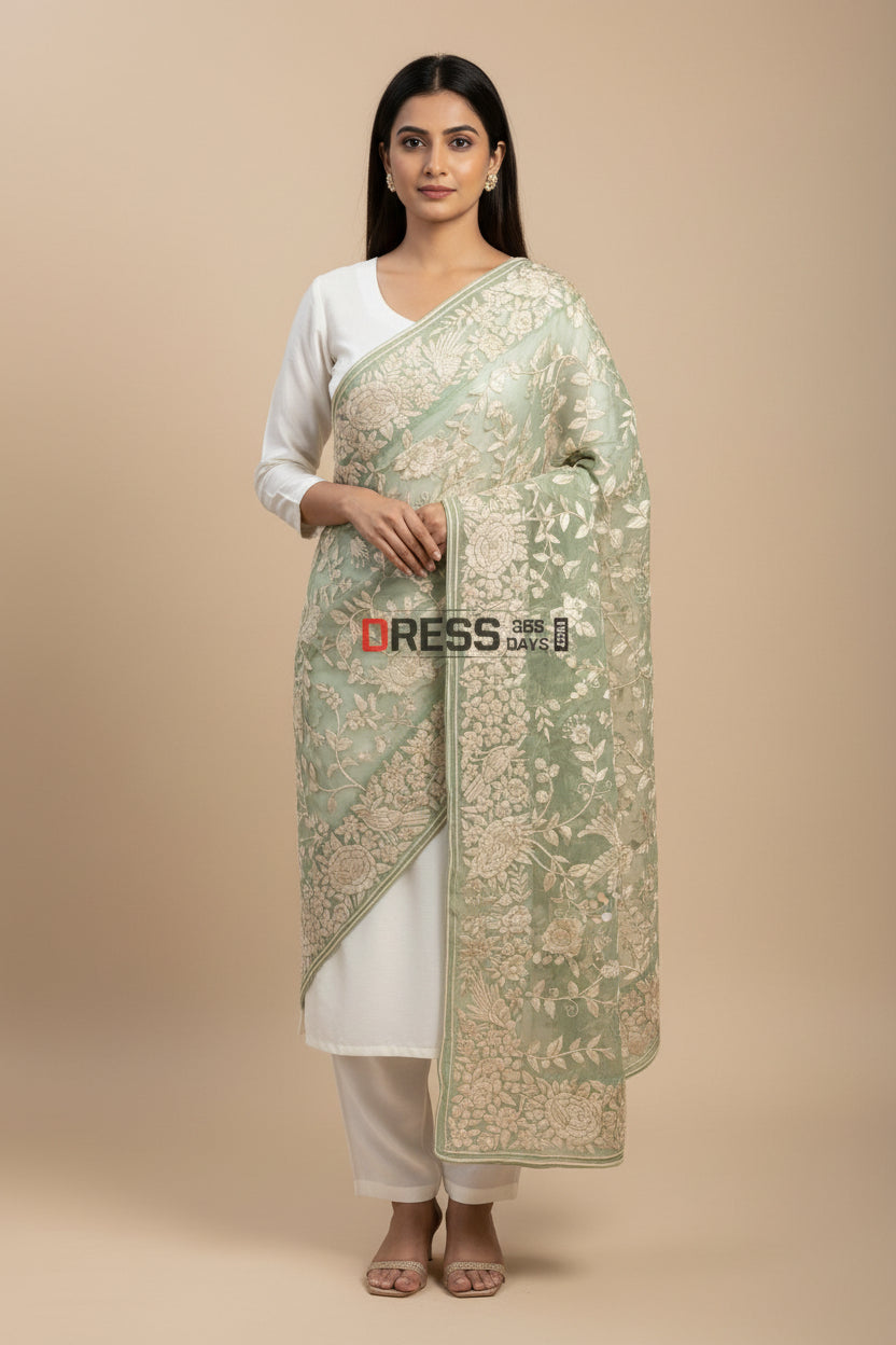 Pre Order Sage Green Parsi Gara Hand Embroidered Dupatta