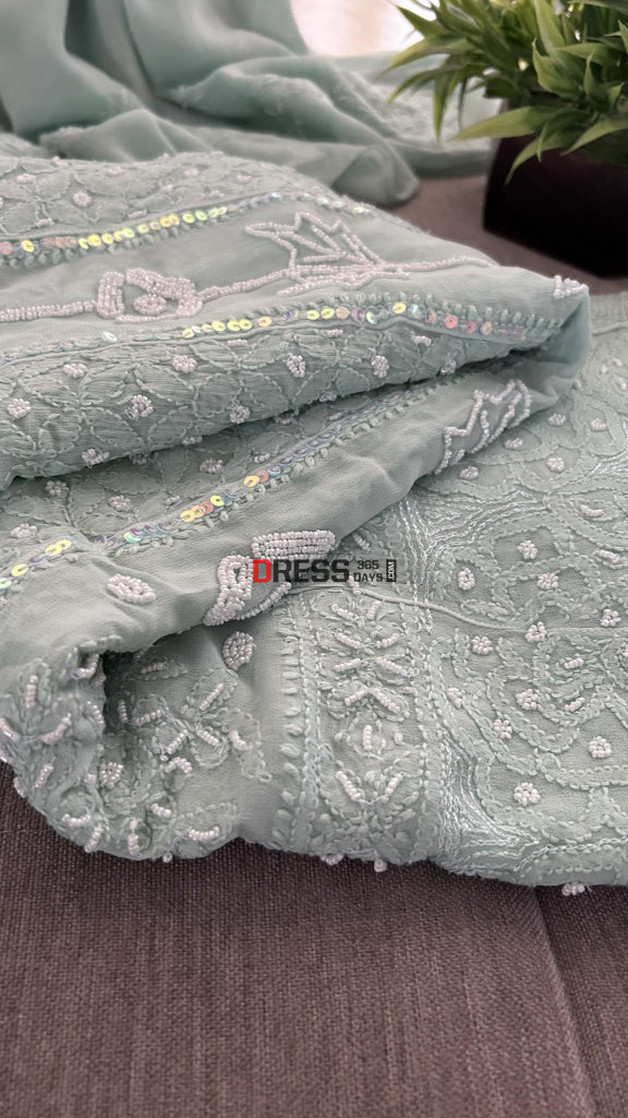 Sage Green Pearl Chikankari Anarkali (Anarkali & Dupatta)