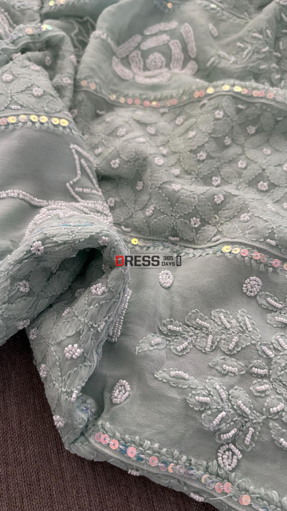 Sage Green Pearl Chikankari Anarkali (Anarkali & Dupatta)