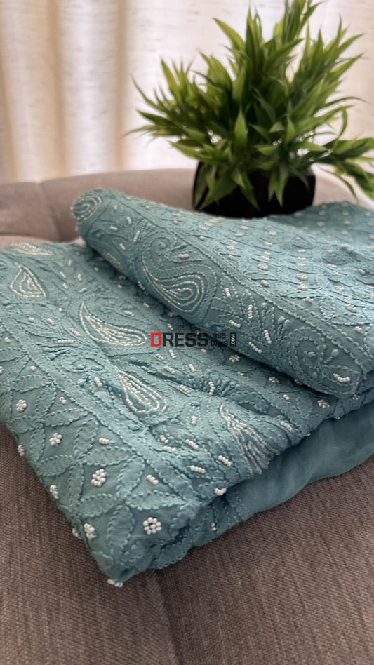 Sage Green Pearl Chikankari Suit (Kurta & Dupatta) Suits