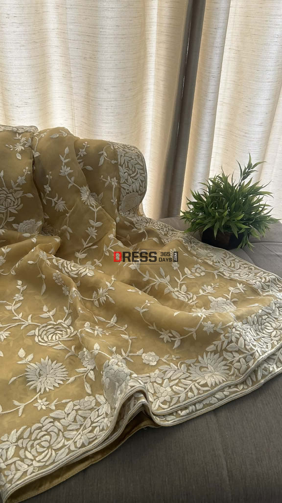 Sand Beige Organza Parsi Gara Gara Saree Parsi Gara Saree
