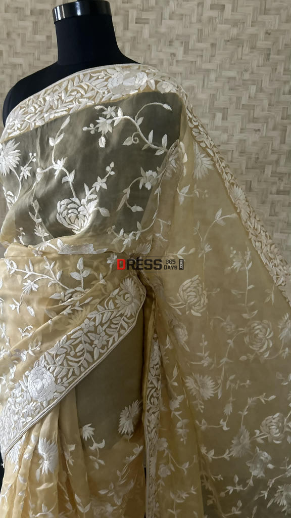 Sand Beige Organza Parsi Gara Gara Saree Parsi Gara Saree