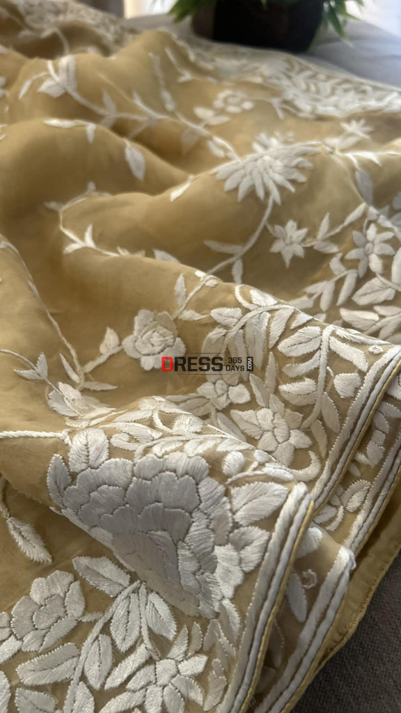 Sand Beige Organza Parsi Gara Gara Saree Parsi Gara Saree