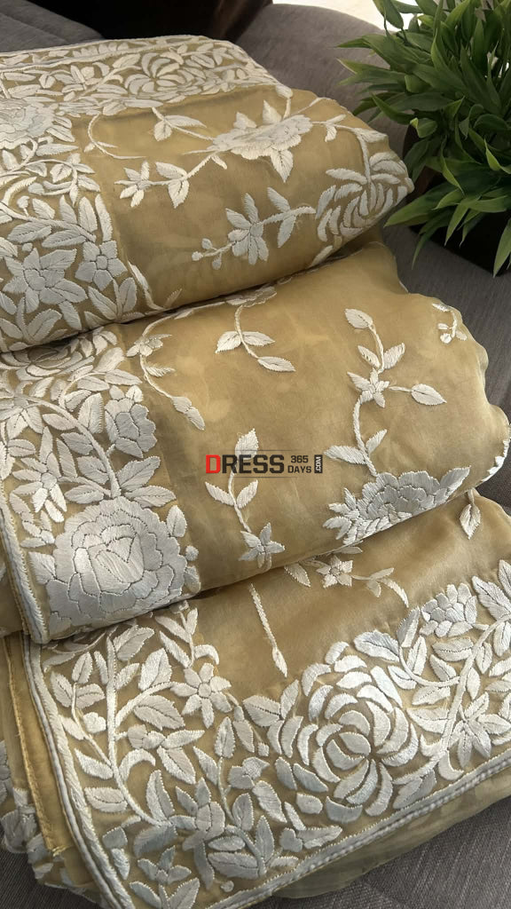 Sand Beige Organza Parsi Gara Gara Saree Parsi Gara Saree
