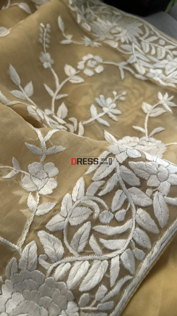 Sand Beige Organza Parsi Gara Gara Saree Parsi Gara Saree