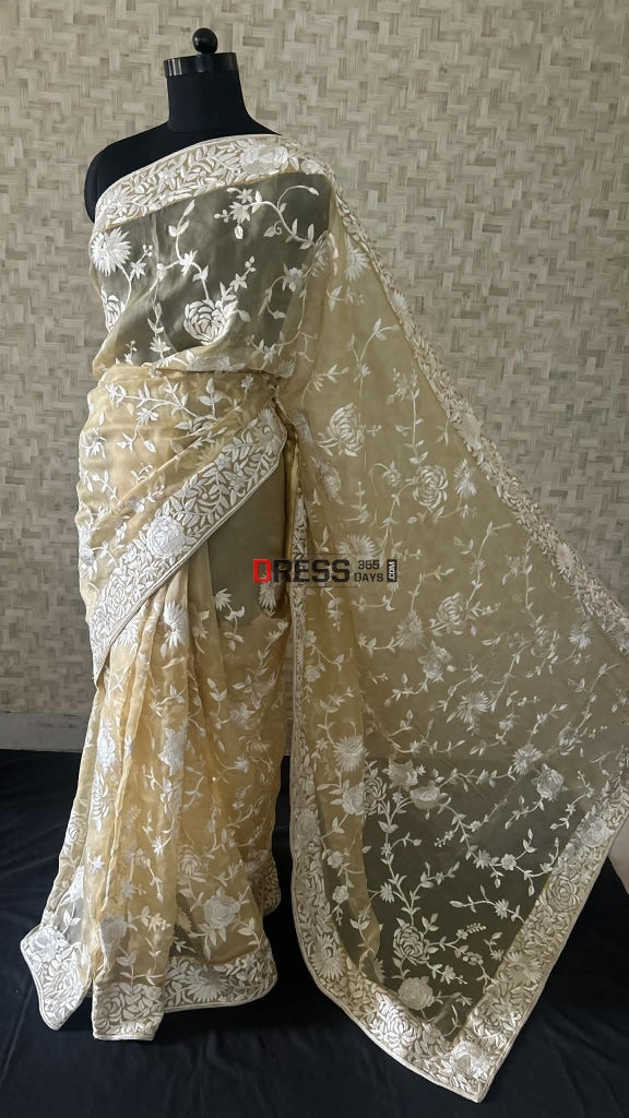 Sand Beige Organza Parsi Gara Gara Saree Parsi Gara Saree