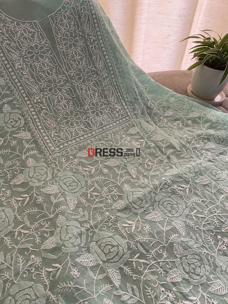 Sea Green Fine Chikankari Kurta Dupatta Set Suits