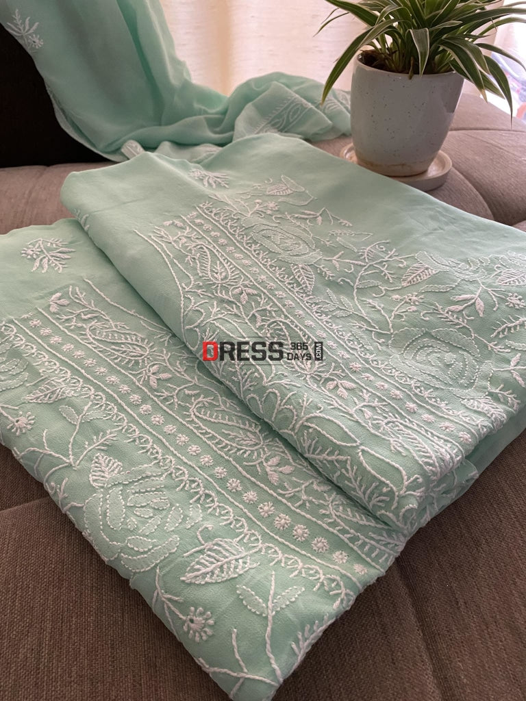 Sea Green Fine Chikankari Kurta Dupatta Set Suits