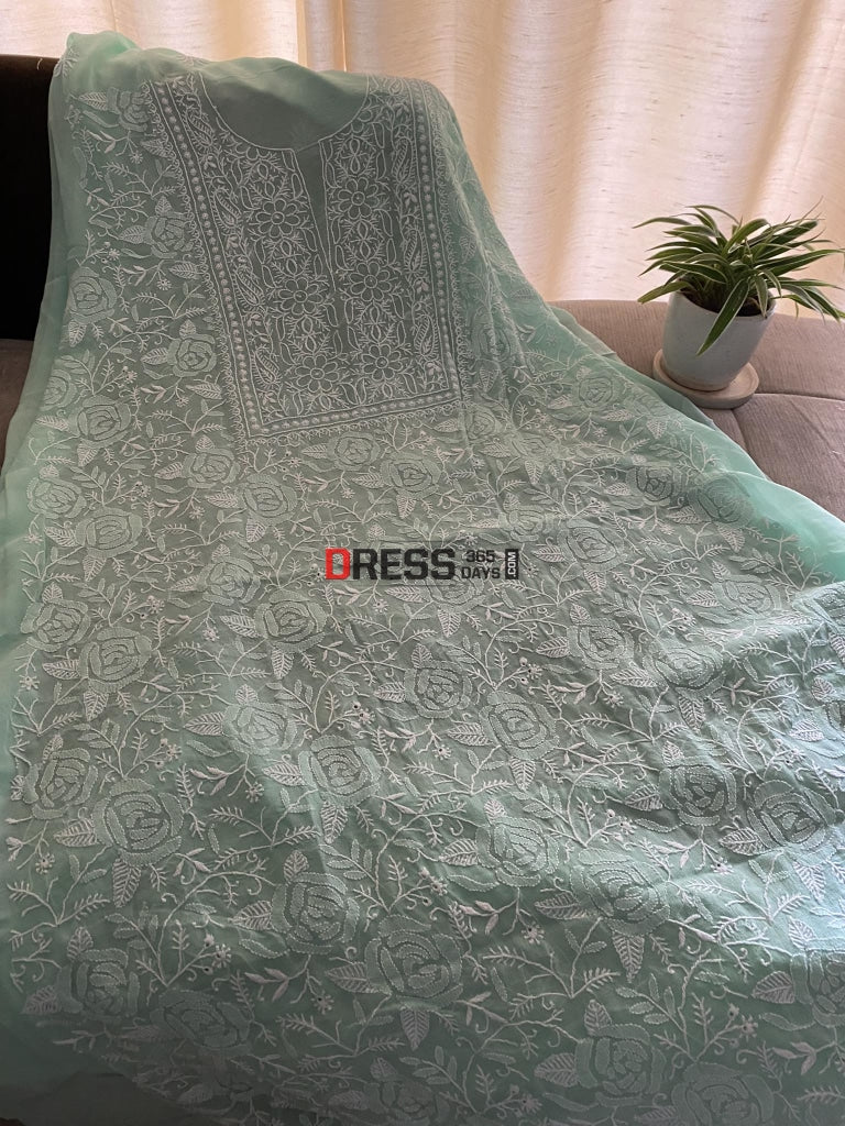 Sea Green Fine Chikankari Kurta Dupatta Set Suits