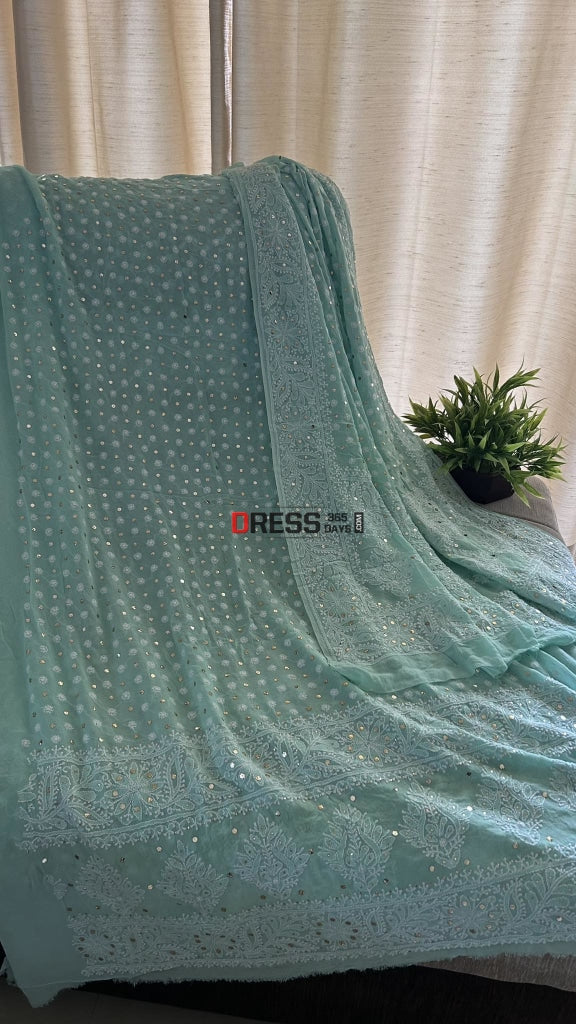 Sea Green Front And Back Chikankari Suit With Embroidered Dupatta Suits