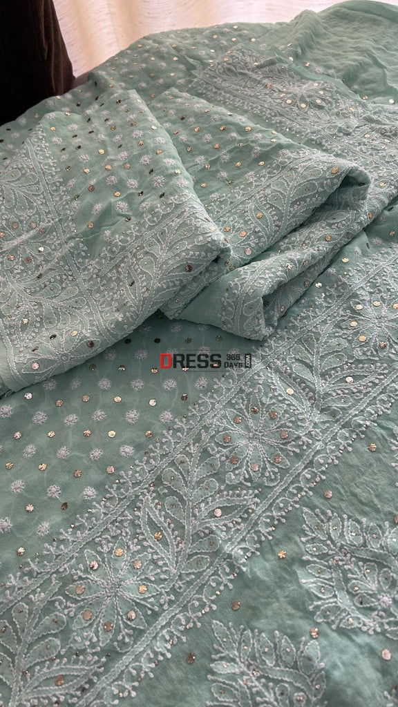 Sea Green Front And Back Chikankari Suit With Embroidered Dupatta Suits