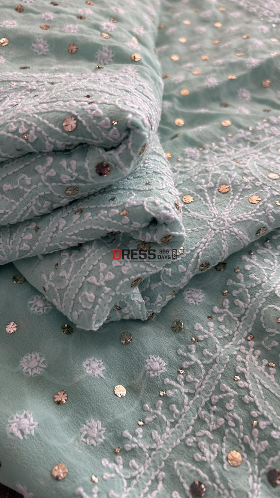 Sea Green Front And Back Chikankari Suit With Embroidered Dupatta Suits