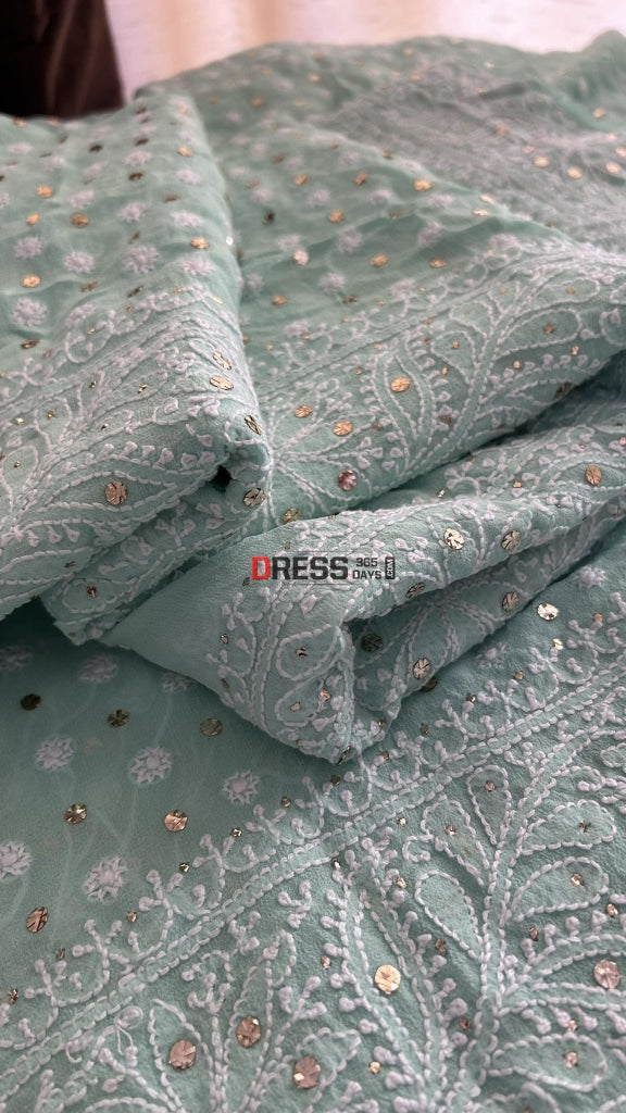 Sea Green Front And Back Chikankari Suit With Embroidered Dupatta Suits