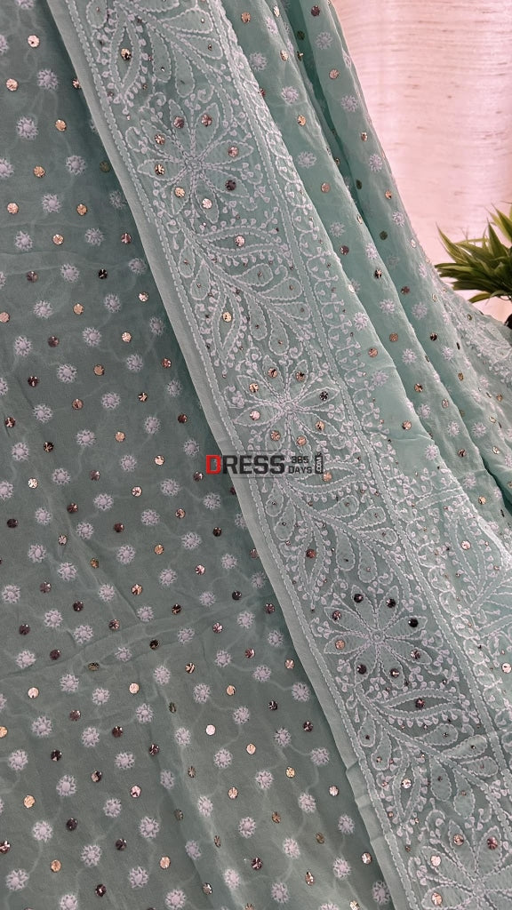 Sea Green Front And Back Chikankari Suit With Embroidered Dupatta Suits