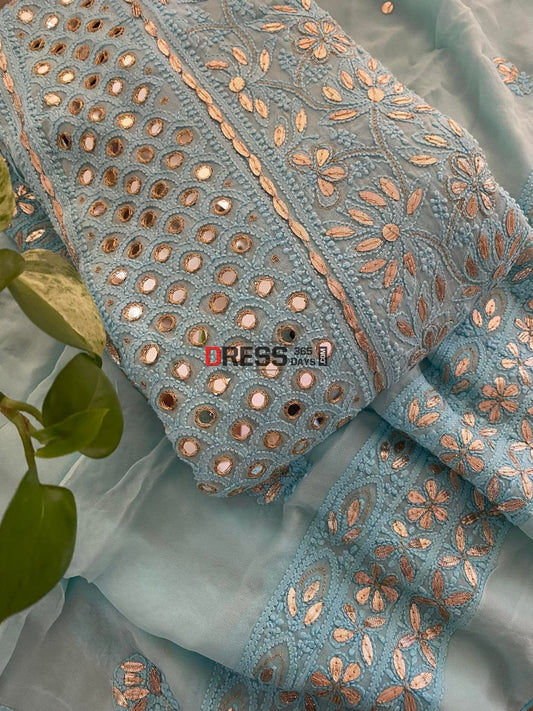 Sea Green Gota Patti & Mirror Work Lucknowi Anarkali Chikankari