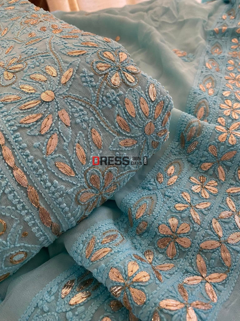 Sea Green Gota Patti & Mirror Work Lucknowi Anarkali Chikankari