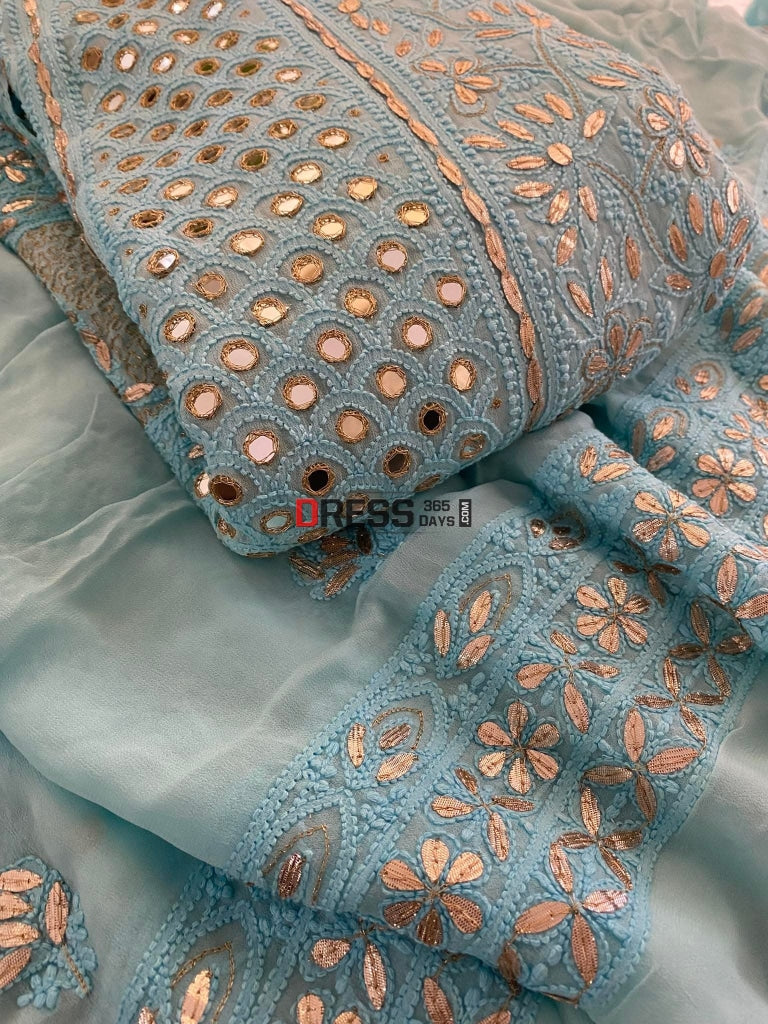 Sea Green Gota Patti & Mirror Work Lucknowi Anarkali Chikankari