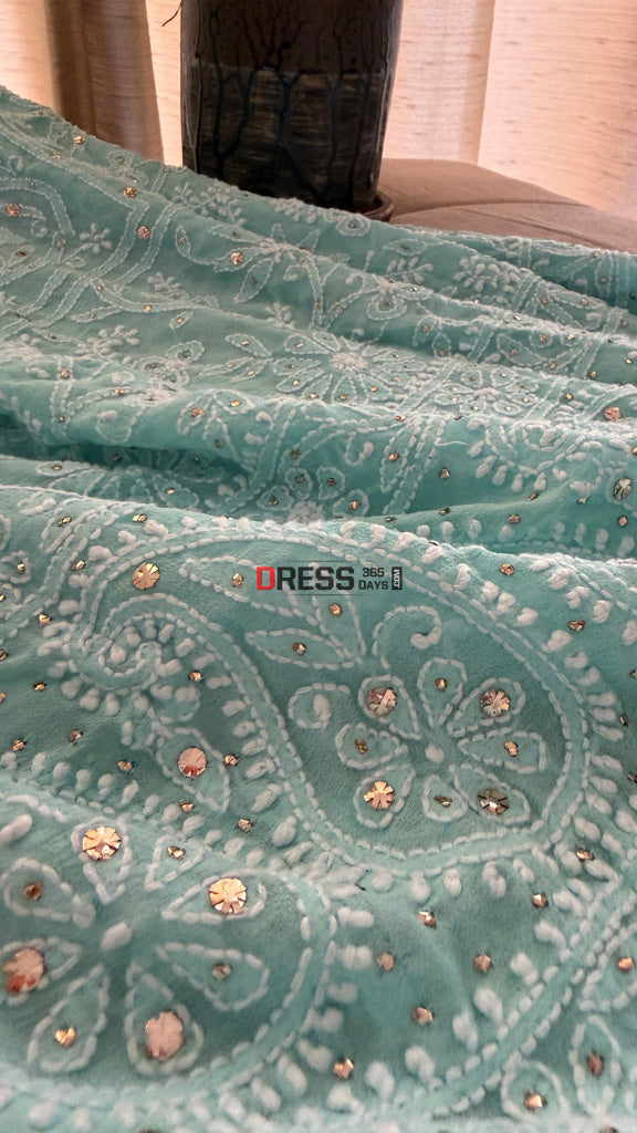 Sea Green Hand Jaali Mukaish Chikankari Dupatta - Chikankari Dupatta