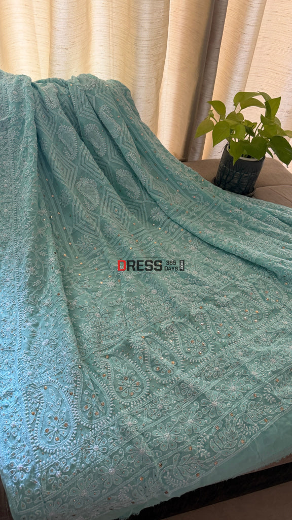 Sea Green Hand Jaali Mukaish Chikankari Dupatta - Chikankari Dupatta