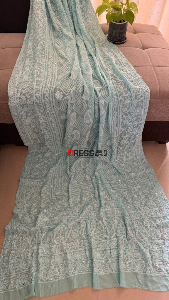 Sea Green Hand Jaali Mukaish Chikankari Dupatta - Chikankari Dupatta