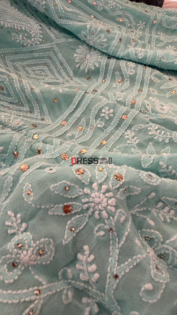 Sea Green Hand Jaali Mukaish Chikankari Dupatta - Chikankari Dupatta