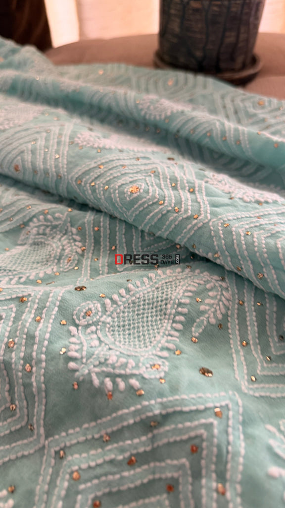 Sea Green Hand Jaali Mukaish Chikankari Dupatta - Chikankari Dupatta
