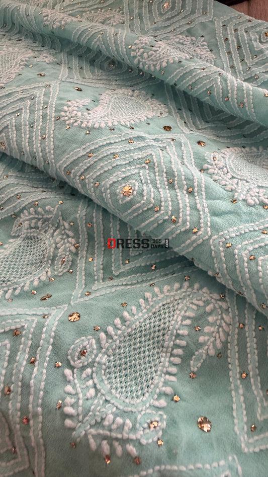 Sea Green Hand Jaali Mukaish Chikankari Dupatta - Chikankari Dupatta