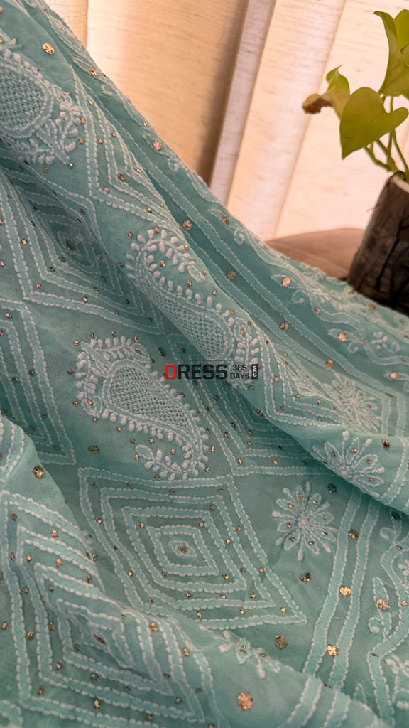 Sea Green Hand Jaali Mukaish Chikankari Dupatta - Chikankari Dupatta