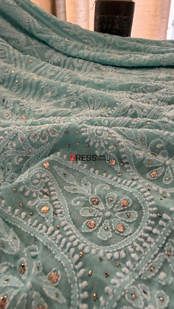 Sea Green Hand Jaali Mukaish Chikankari Dupatta - Chikankari Dupatta