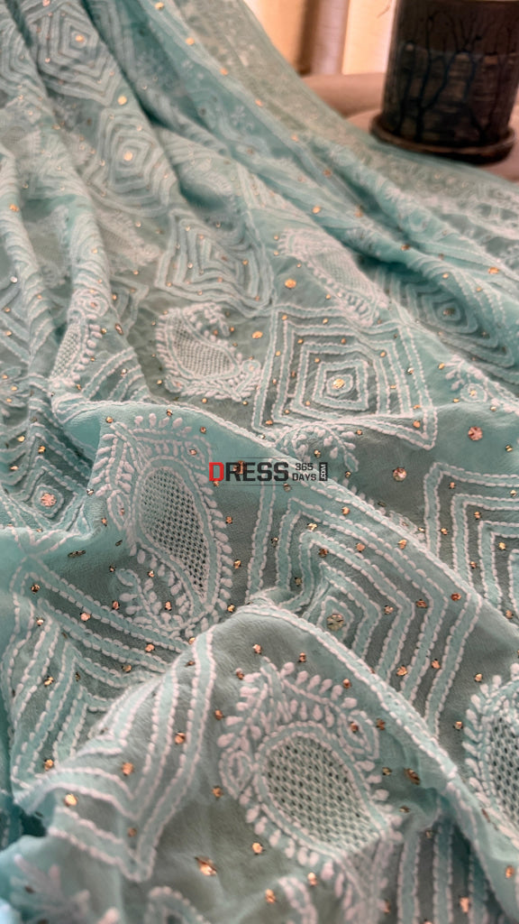Sea Green Hand Jaali Mukaish Chikankari Dupatta - Chikankari Dupatta