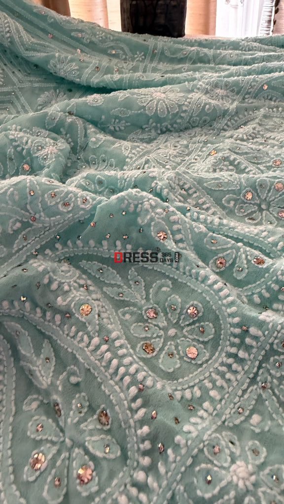 Sea Green Hand Jaali Mukaish Chikankari Dupatta - Chikankari Dupatta