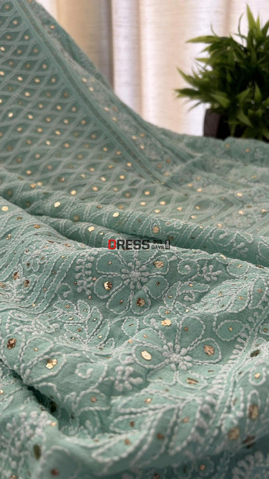 Sea Green Mukaish Chikankari Dupatta