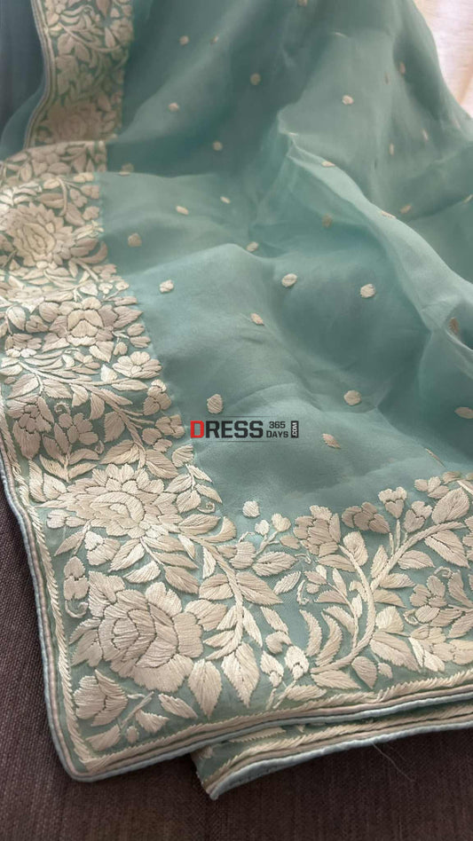 Sea Green Organza Parsi Gara Saree Parsi Gara Saree