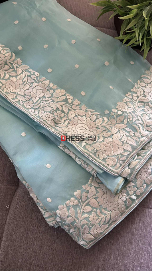Sea Green Organza Parsi Gara Saree Parsi Gara Saree