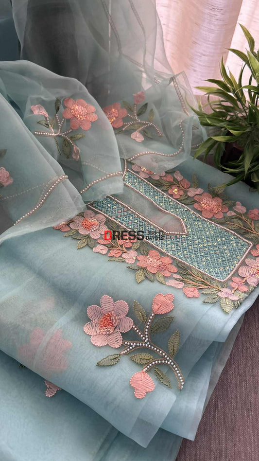 Sea Green Organza Pearls & Multicolour Chikankari Suit Chikankari Suits