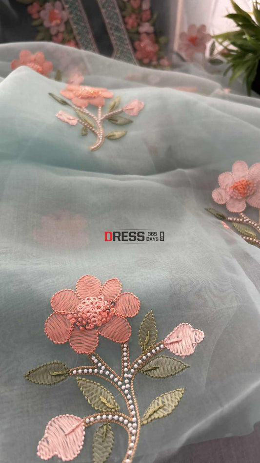 Sea Green Organza Pearls & Multicolour Chikankari Suit Chikankari Suits