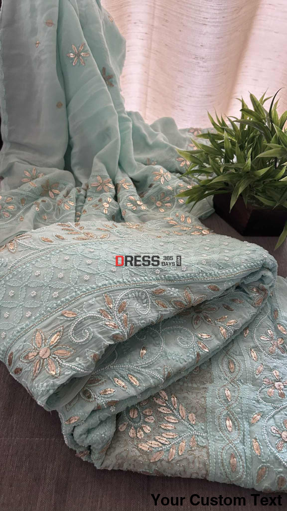 Sea Green Pearl Gota Patti Chikankari Anarkali Suit (Anarkali And Dupatta) Chikankari Anarkali