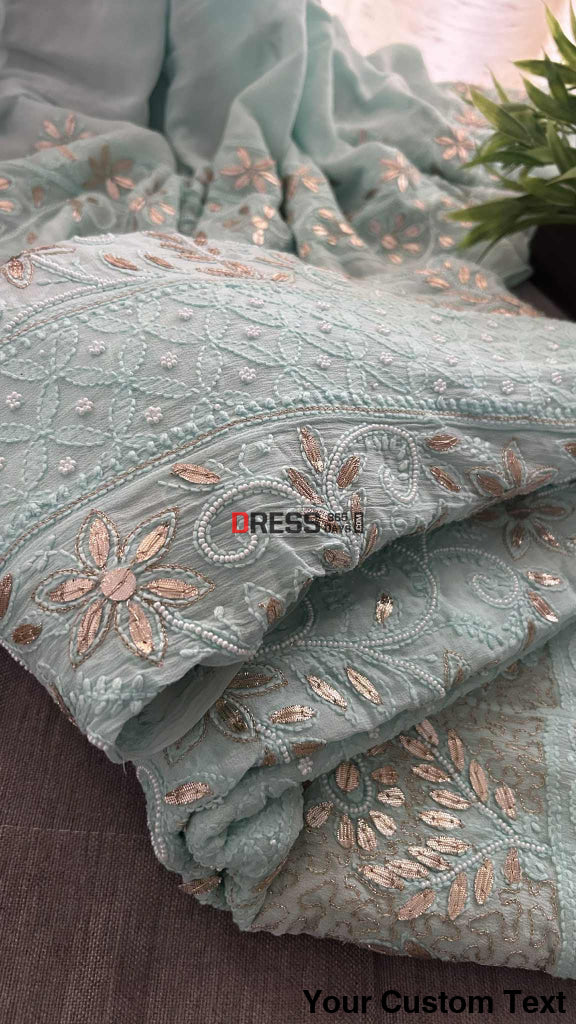 Sea Green Pearl Gota Patti Chikankari Anarkali Suit (Anarkali And Dupatta) Chikankari Anarkali