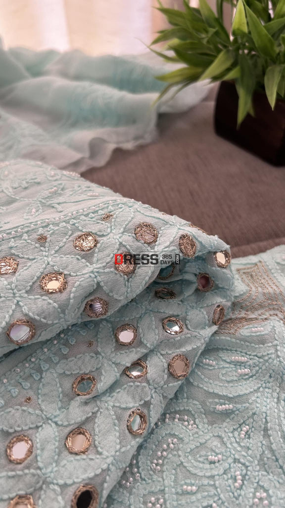 Sea Green Pearl Mirror Chikankari Anarkali Suit (Anarkali & Dupatta)