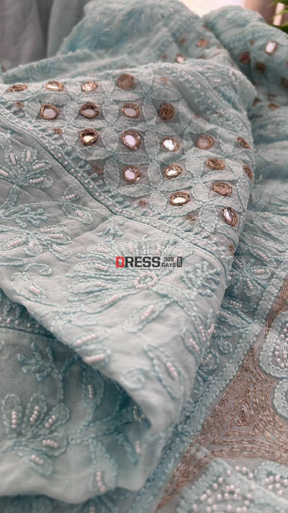 Sea Green Pearl Mirror Chikankari Anarkali Suit (Anarkali & Dupatta)