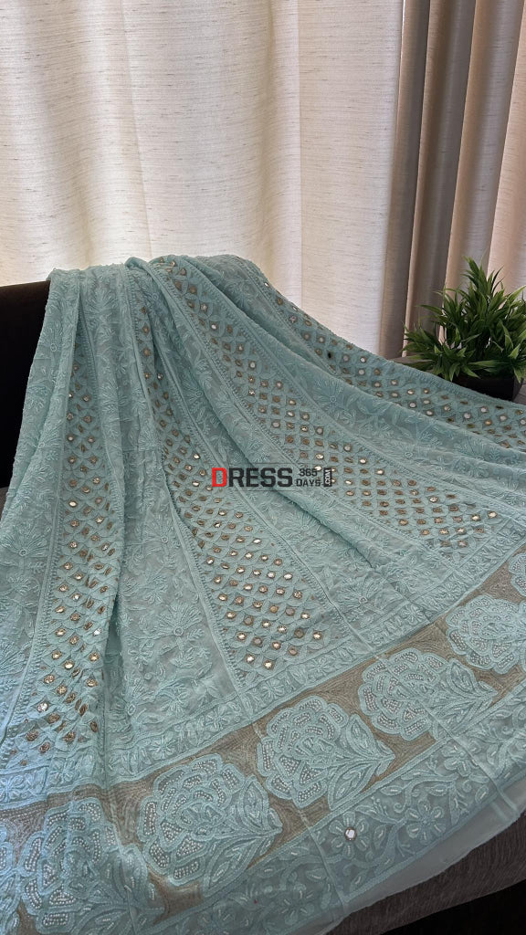 Sea Green Pearl Mirror Chikankari Anarkali Suit (Anarkali & Dupatta)