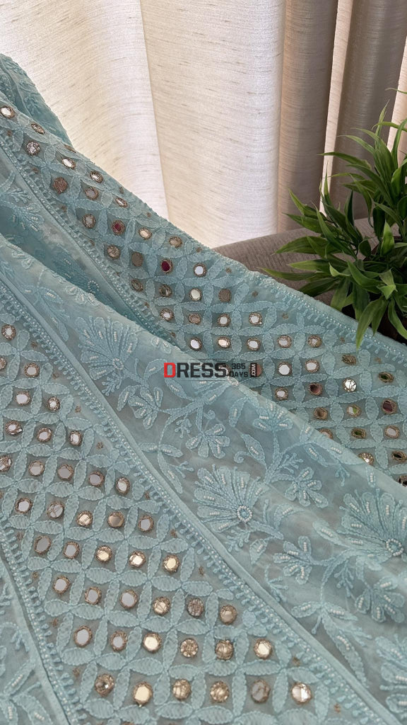 Sea Green Pearl Mirror Chikankari Anarkali Suit (Anarkali & Dupatta)