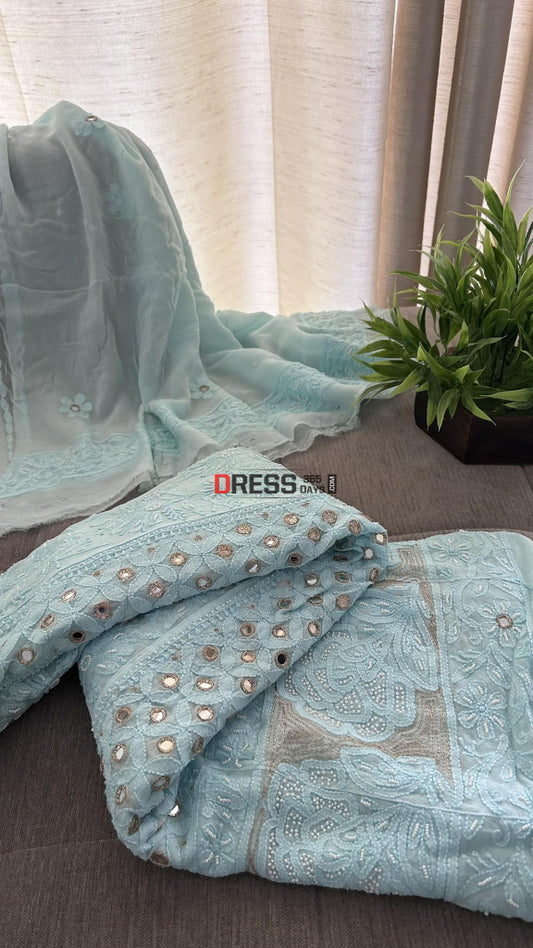 Sea Green Pearl Mirror Chikankari Anarkali Suit (Anarkali & Dupatta)