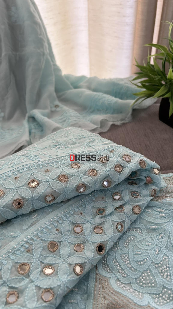 Sea Green Pearl Mirror Chikankari Anarkali Suit (Anarkali & Dupatta)